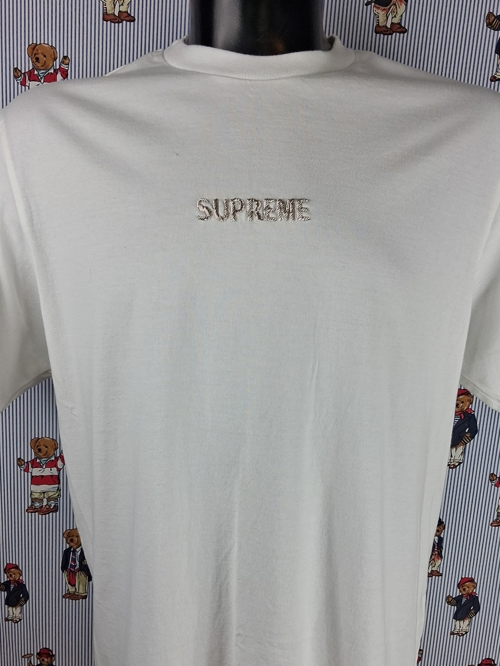 Supreme Stitched Logo Spell Out White & Silver Casual Preppy Lrg T-shirt